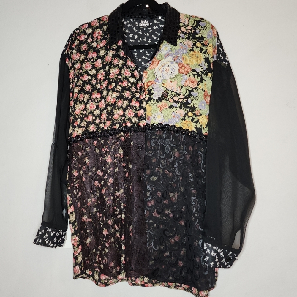 Vintage Judy Knapp Mixed Media Mixed Fabric‎ Long Sleeve Button Top M/L